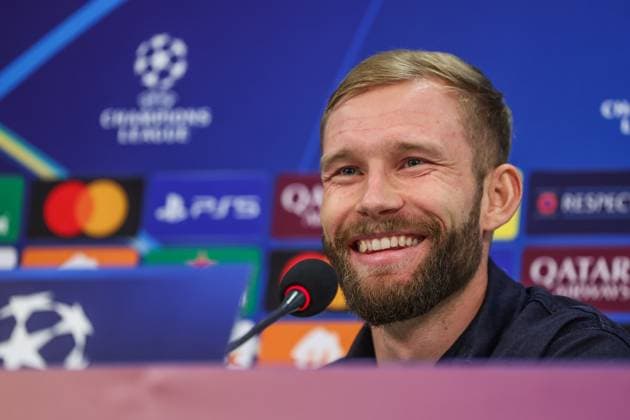 09 12 2024, Football, Season 2024 2025, Champions League, Matchday 6, Press conference FC Bayern Munich, Konrad Laimer FC Bayern Munich Gelsenkirchen Veltins Arena NRW Germany xRHR PHOTO TRx Copyright: TimxRehbein RHR-FOTOx RHR-FOTO TR