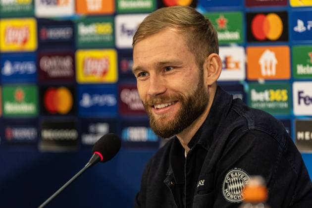 Press conference, FC Bayern Munich, 09 12 2024 Konrad Laimer FC Bayern Munich, 27 Press conference, FC Bayern Munich, 09 12 2024 UEFA Champions League FC Shakhtar Donetsk FC Bayern Munich Arena AufSchalke, Gelsenkirchen Copyright: xBEAUTIFULxSPORTS Buriakovx