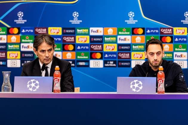 UEFA Champions League press conference Inter Milan 09 12 2024 Simone Inzaghi coach Inter Milan and Hakan Calhanoglu Inter Milan, 20 during the press conference UEFA Champions League press conference Inter Milan before the match against Bayer 04 Leverkusen, Leverkusen, BayArena on 09 12 2024 Copyright: xBEAUTIFULxSPORTS Wunderlx