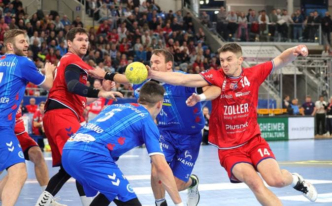 09 12 2024, Germany, Bietigheim, Handball Bundesliga season 2024 2025, SG BBM Bietigheim vs TVB Stuttgart, f l Samuel Röthlisberger TVB , Jonathan Fischer BBM , Jorge Serrano TVB , Kai Häfner TVB , Fynn Luca Nicolaus BBM