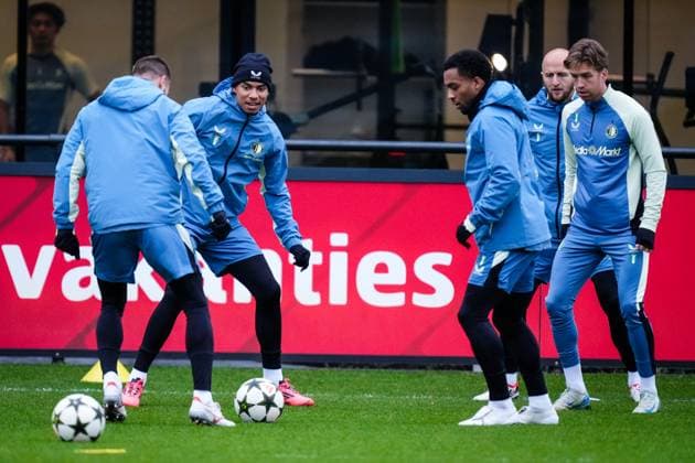 UEFA Champions League 2024-2025: training of Feyenoord Rotterdam - Calvin Stengs of Feyenoord, Gernot Trauner of Feyenoord, Gijs Smal of Feyenoord during the training of Feyenoord in preparation of the UEFA Champions League duel against AC Sparta Prague at Trainingscomplex 1908 on 10 December 2024 in Rotterdam, The Netherlands. Copyright: xYannickxVerhoevenx