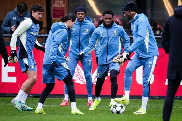 UEFA Champions League 2024-2025: training of Feyenoord Rotterdam - Hugo Bueno of Feyenoord, Antoni Milambo of Feyenoord, Givairo Read of Feyenoord U19, Chris-Kevin Nadje of Feyenoord during the training of Feyenoord in preparation of the UEFA Champions League duel against AC Sparta Prague at Trainingscomplex 1908 on 10 December 2024 in Rotterdam, The Netherlands. Copyright: xYannickxVerhoevenx