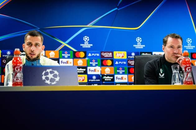 Champions League 2024-2025: press conference, PK, Pressekonferenz of Feyenoord Rotterdam - David Hancko of Feyenoord, Feyenoord coach Brian Priske during the press conference of Feyenoord in preparation of the Champions League duel against AC Sparta Prague at Stadion Feijenoord De Kuip on 10 December 2024 in Rotterdam, The Netherlands. Copyright: xYannickxVerhoevenx