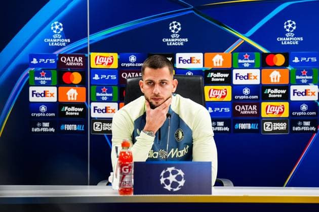 Champions League 2024-2025: press conference, PK, Pressekonferenz of Feyenoord Rotterdam - David Hancko of Feyenoord during the press conference of Feyenoord in preparation of the Champions League duel against AC Sparta Prague at Stadion Feijenoord De Kuip on 10 December 2024 in Rotterdam, The Netherlands. Copyright: xYannickxVerhoevenx