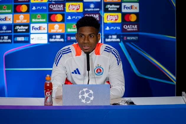 Champions League 2024 25 League Phase MD6: SK Slovan Bratislava Training and press conference, PK, Pressekonferenz Cesar Blackman of Slovan Bratislava seen speaking during the SK Slovan Bratislava Training and Press Conference ahead of their Champions League 2024 25 League Phase MD6 football match against Atletico de Madrid at Estadio Riyadh Air Metropolitano on December 10, 2024 in Madrid, Spain. Madrid Estadio Riyadh Air Metropolitano Madrid Spain Copyright: xAlbertoxGardinx AGardin_20241210_Football_Champions_SK_Slovan_Bratislava_PC_0117