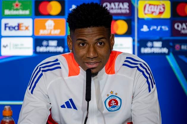 Champions League 2024 25 League Phase MD6: SK Slovan Bratislava Training and press conference, PK, Pressekonferenz Cesar Blackman of Slovan Bratislava seen speaking during the SK Slovan Bratislava Training and Press Conference ahead of their Champions League 2024 25 League Phase MD6 football match against Atletico de Madrid at Estadio Riyadh Air Metropolitano on December 10, 2024 in Madrid, Spain. Madrid Estadio Riyadh Air Metropolitano Madrid Spain Copyright: xAlbertoxGardinx AGardin_20241210_Football_Champions_SK_Slovan_Bratislava_PC_0121