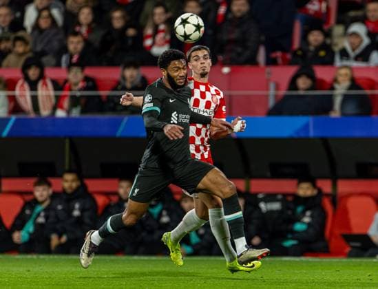 Football - UEFA Champions League - League Phase - Girona FC v Liverpool FC GIRONA, SPAIN - Tuesday, December 10, 2024: Liverpool s Joe Gomez is challenged by Girona s Miguel GutiÃ rrez during the UEFA Champions League Matchday 6 game between Girona FC and Liverpool FC at the Estadi Montilivi. (Photo by David Rawcliffe Propaganda) GIRONA Estadi Montilivi CATALONIA SPAIN  Copyright: xDavidxRawcliffex P2024-12-10-Girona_Liverpool-18