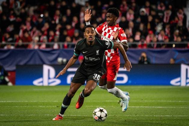 December 10, 2024, Girona, France, Spain: Ryan GRAVENBERCH of Liverpool and Yaser ASPRILLA of Girona during the UEFA Champions League, League Phase MD6 match between Girona FC and FC Liverpool at Montilivi Stadium on December 10, 2024 in Girona, Spain. Girona Spain - ZUMAm308 20241210_zsp_m308_002 Copyright: xMatthieuxMirvillex