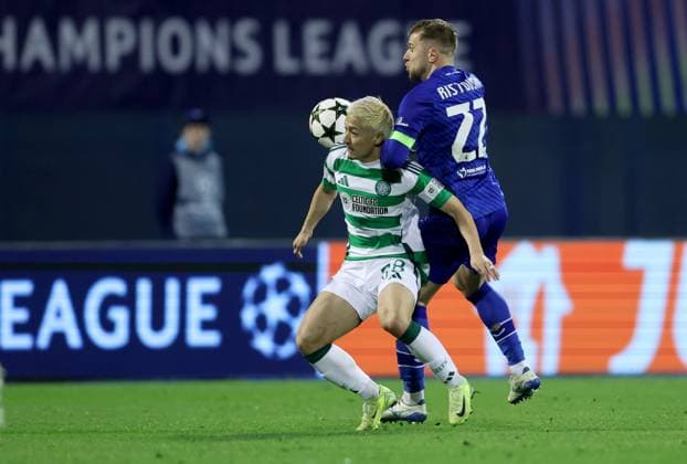 GNK Dinamo v Celtic FC - UEFA Champions League 2024 25 League Phase MD6 ZAGREB, CROATIA - DECEMBER 10: Daizen Maeda of Celtic and Stefan Ristovski of Dinamo Zagreb in action during UEFA Champions League League Phase MD6 match between Dinamo Zagreb and Celtic at Stadion Maksimir on December 10, 2024 in Zagreb, Croatia.  SanjinxStrukic PIXSELL