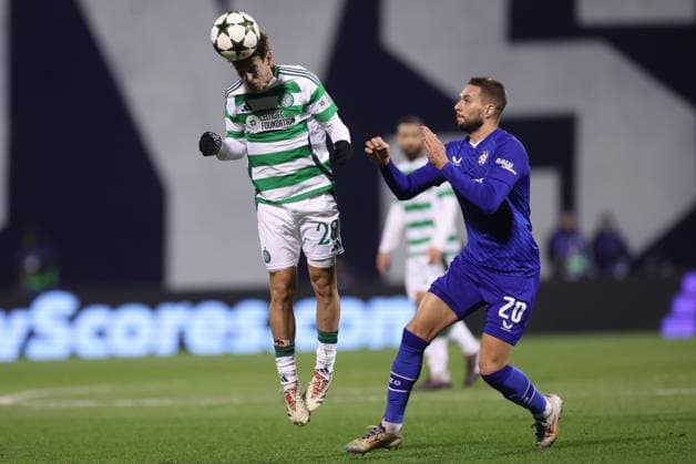 GNK Dinamo v Celtic FC - UEFA Champions League 2024 25 League Phase MD6 ZAGREB, CROATIA - DECEMBER 10: Paulo Bernardo of Celtic gets up for a header during UEFA Champions League League Phase MD6 match between Dinamo Zagreb and Celtic at Stadion Maksimir on December 10, 2024 in Zagreb, Croatia.  GoranxStanzl PIXSELL