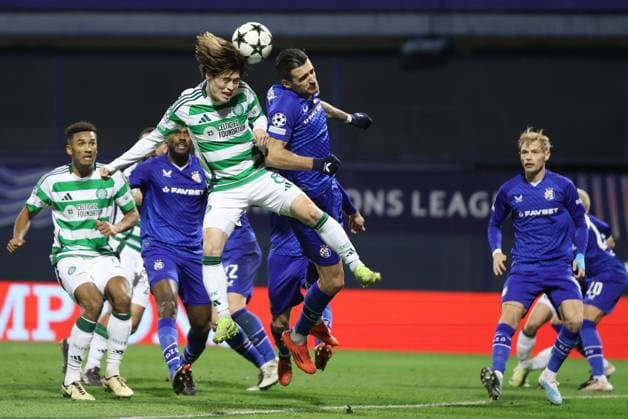 GNK Dinamo v Celtic FC - UEFA Champions League 2024 25 League Phase MD6 ZAGREB, CROATIA - DECEMBER 10: Kyogo Furuhashi of Celtic and Sandro Kulenovic of Dinamo Zagreb gets up for a header during UEFA Champions League League Phase MD6 match between Dinamo Zagreb and Celtic at Stadion Maksimir on December 10, 2024 in Zagreb, Croatia.  GoranxStanzl PIXSELL