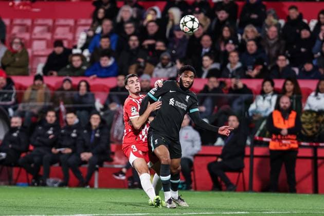 December 10, 2024, Girona, Girona, SPAIN: Miguel Gutierrez of Girona FC and Joe Gomez of Liverpool FC compete for the ball during the UEFA Champions League 2024 25 League Phase MD6, match between Girona FC and Liverpool FC at Estadi de Montilivi on December 10, 2024 in Girona, Spain. Girona SPAIN - ZUMAa181 20241210_zaa_a181_071 Copyright: xJavierxBorregox