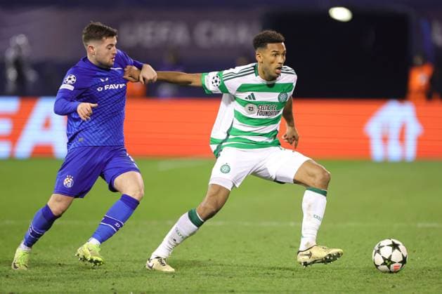 Auston Trusty of Celtic (R) battles Dinamo Zagreb v Celtic, UEFA Champions League, Group Stage, Football, Maksimir Stadium, Zagreb, Croatia, UK - 10 Dec 2024 EDITORIAL USE ONLY No use with unauthorised audio, video, data, fixture lists, club league logos or live services. Online in-match use limited to 120 images, no video emulation. No use in betting, games or single club league player publications.  Copyright: xNikolaxKrstic Shutterstockx 14984446by