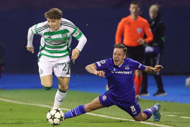 Arne Engels of Celtic is tackled by Lukas Kacavenda of Dinamo Zagreb Dinamo Zagreb v Celtic, UEFA Champions League, Group Stage, Football, Maksimir Stadium, Zagreb, Croatia, UK - 10 Dec 2024 EDITORIAL USE ONLY No use with unauthorised audio, video, data, fixture lists, club league logos or live services. Online in-match use limited to 120 images, no video emulation. No use in betting, games or single club league player publications.  Copyright: xNikolaxKrstic Shutterstockx 14984446co