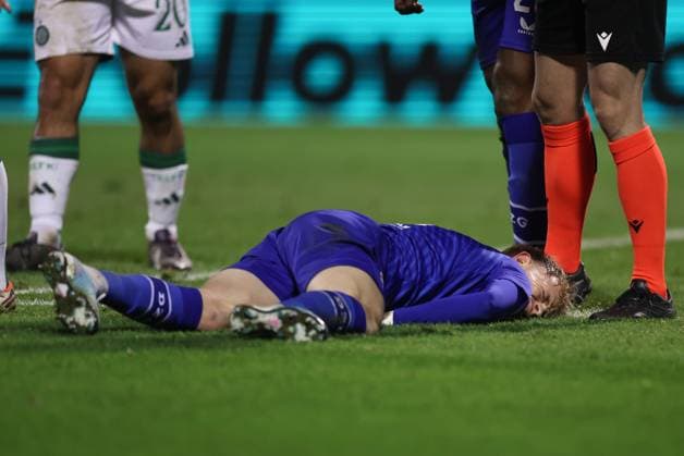 GNK Dinamo v Celtic FC - UEFA Champions League 2024 25 League Phase MD6 ZAGREB, CROATIA - DECEMBER 10: Maxime Bernauer of Dinamo Zagreb lies injured during UEFA Champions League League Phase MD6 match between Dinamo Zagreb and Celtic at Stadion Maksimir on December 10, 2024 in Zagreb, Croatia.  GoranxStanzl PIXSELL