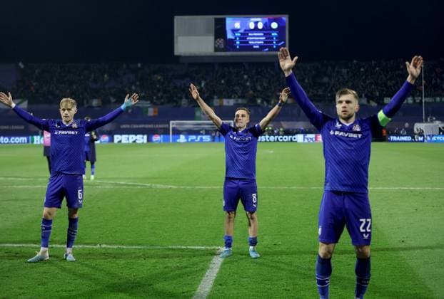 GNK Dinamo v Celtic FC - UEFA Champions League 2024 25 League Phase MD6 ZAGREB, CROATIA - DECEMBER 10: Maxime Bernauer of Dinamo Zagreb, Lukas Kacavenda of Dinamo Zagreb and Stefan Ristovski of Dinamo Zagreb acknowledge after UEFA Champions League League Phase MD6 match between Dinamo Zagreb and Celtic at Stadion Maksimir on December 10, 2024 in Zagreb, Croatia.  SanjinxStrukic PIXSELL