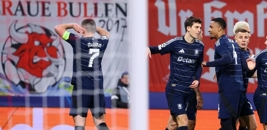 RB Leipzig Aston Villa Champions League Leipzig, 10 12 2024, Red Bull Arena, Football, UEFA Champions League, Matchday 6 , RB Leipzig vs Aston Villa , In the picture goal for Aston Villa John McGinnÊ 7, Aston Villa scores to 0 1 and cheers , For editorial use only Only editorial use , UEFA regulations prohibit any use of photographs as image sequences and or quasi video ,