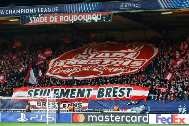GUINGAMP, 10-12-2024. Stade de Roudourou. UEFA Champions League season 2024 25, match between PSV and Stade Brest 29, fans of Stade Brest Brest - PSV  x26976541x Copyright: