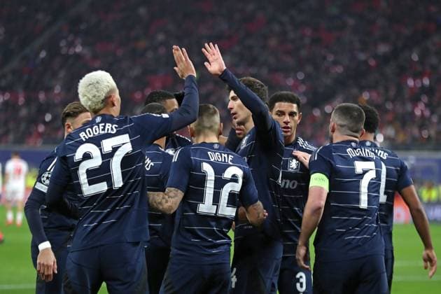 UEFA Champions League RB Leipzig vs Aston Villa FC, 10 12 24 The Aston Villa team celebrates a goal Football, UEFA Champions League, 2024 2025 season RB Leipzig vs Aston Villa FC on 10 12 24 at the Red Bull Arena, Leipzig Copyright: xBEAUTIFULxSPORTS JanxKaeferx