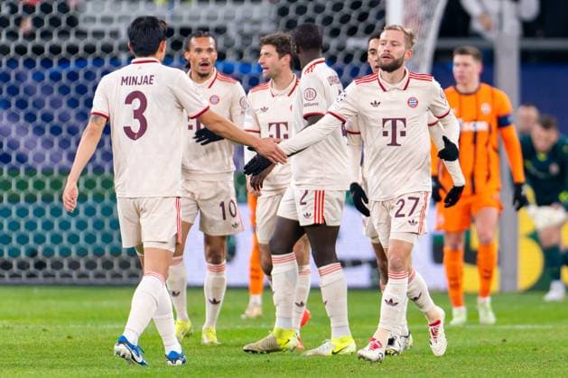 2024-12-10 FC Shakhtar Donetsk v FC Bayern Munchen - UEFA Champions League 2024 25 League Phase MD6 GELSENKIRCHEN, GERMANY - DECEMBER 10: Konrad Laimer of FC Bayern Munchen celebrates after scoring the team s first goal with Minjae Kim of FC Bayern Munchen during the UEFA Champions League 2024 25 League Phase MD6 match between FC Shakhtar Donetsk and FC Bayern Munchen at Arena AufSchalke on December 10, 2024 in Gelsenkirchen, Germany. (Photo by Joris Verwijst BSR Agency) Gelsenkirchen Germany Content not available for redistribution in The Netherlands directly or indirectly through any third parties. Copyright: xBSRxAgencyx