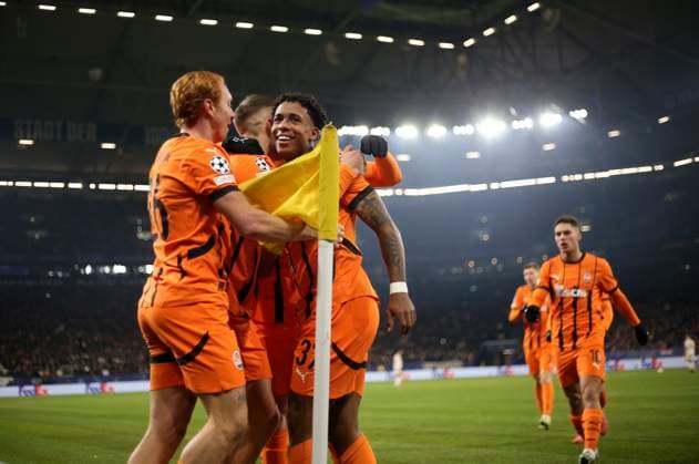 10 12 2024, Football UEFA Champions League 2024 2025, Matchday 6, Shakhtar Donetsk FC Bayern Munich, in the Veltins Arena Gelsenkirchen Goal celebration Kevin Shakhtar Donetsk DFL and DFB regulations prohibit any use of photographs as image sequences and or quasi video