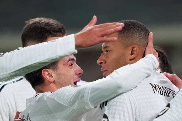 Real Madrid s Kylian Mbappe .celebrates after scoring 0-1 during the Uefa Champions League soccer match between Atalanta BC and Real Madrid at Gewiss Stadium in Bergamo, north Italy - Tuesday , December 10 , 2024. - Soccer .  Copyright: xSpada LaPressex