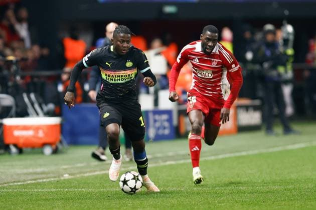GUINGAMP, 10-12-2024. Stade de Roudourou. UEFA Champions League season 2024 25, match between PSV and Stade Brest 29, PSV player Johan Bakayoko Brest - PSV  x26976948x Copyright: