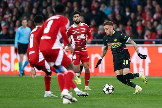 GUINGAMP, 10-12-2024. Stade de Roudourou. UEFA Champions League season 2024 25, match between PSV and Stade Brest 29, PSV player Noa Lang Brest - PSV  x26976949x Copyright: