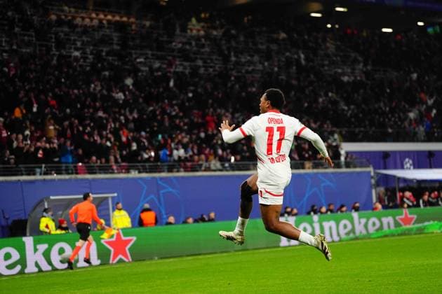 December 10 2024: Lois Openda of RB Leipzig celebrates the teams first goal during a Champions League Group Phase day 6 game, RB Leipzig vs Aston Villa, at Red Bull Arena, Leipzig, Germany. CSM Leipzig Germany - ZUMAc04_ 20241210_zma_c04_003 Copyright: xUlrikxPedersenx