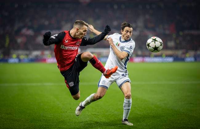 Leverkusen, Germany 10th Dec 2024 Alejandro Grimaldo LEV Matteo Darmian Inter Bayer Leverkusen Inter Milan 10 12 2024