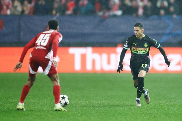 GUINGAMP, 10-12-2024. Stade de Roudourou. UEFA Champions League season 2024 25, match between PSV and Stade Brest 29, PSV player Mauro Junior Brest - PSV  x26977800x Copyright: