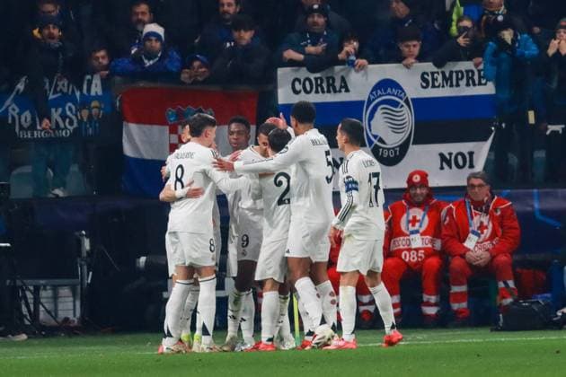 CALCIO - UEFA Champions League - Atalanta BC vs Real Madrid Kylian Mbappe(Real Madrid CF)celebrates his goal 1-0 , 6Â° Matchday UEFA Champions League , Atalanta BC vs Real Madrid CF,2024-25 game at Gewiss Stadium in Bergamo (BG), Italy, 10.12.2024.Photo by Marius Bunduc LiveMedia Bergamo Italy  Copyright: xIPAxSport ABACAx
