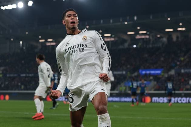 Bergamo, Italy, 10th December 2024. Jude Bellingham of Real Madrid celebrates after scoring to give the side a 3-1 lead during the UEFA Champions League match at Stadio di Bergamo, Bergamo. Picture credit should read: Jonathan Moscrop Sportimage EDITORIAL USE ONLY. No use with unauthorised audio, video, data, fixture lists, club league logos or live services. Online in-match use limited to 120 images, no video emulation. No use in betting, games or single club league player publications. SPI-3516-0025