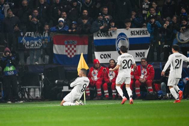 Kylian Mbappe of Real Madrid CF celebrating after a goal during the UEFA Champions League League Stage match, phase MD6 between Atalanta BC and Real Madrid CF oon December 10, 2024 at Gewiss stadium in Bergamo, Italy  Copyright: xTizianoxBallabio IPAxSportx xipa-agency.netx xx IPA_52290055 IPA_Agency_IPA52290055