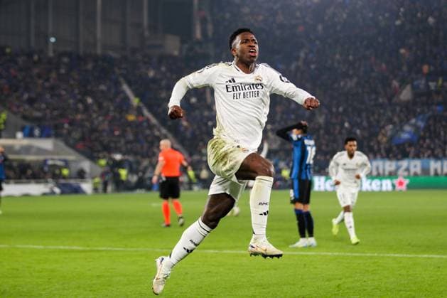 Vinicio Junior(Real Madrid CF)celebrates his goal 2-1, 6Â° Matchday UEFA Champions League , Atalanta BC vs Real Madrid CF,2024-25 game at Gewiss Stadium in Bergamo (BG), Italy, 10.12.2024.Photo by Marius Bunduc LiveMedia  Copyright: xMariusxFlorinxBunduc IPAxSportx xipa-agency.netx xx IPA_52290102 IPA_Agency_IPA52290102
