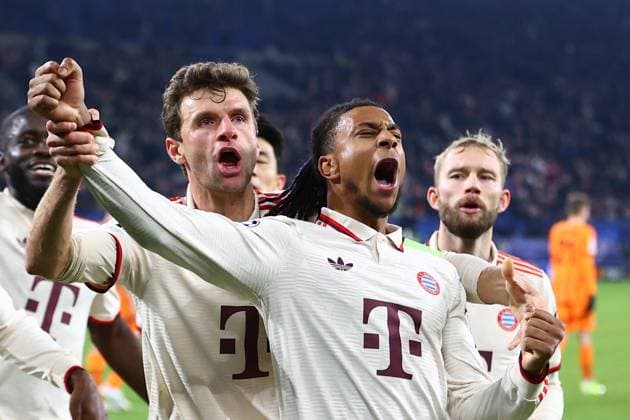 Penalty goal for 1 3 by Michael Olise 17 FC Bayern Muenchen FC Shakhtar Donetsk vs FC Bayern Muenchen, Football, UEFA Champions League, Matchday 6, 10 12 2024 Photo kolbert press Ant Palmer Arena AufSchalke NRW Germany Copyright: xkolbert-press AntxPalmerx