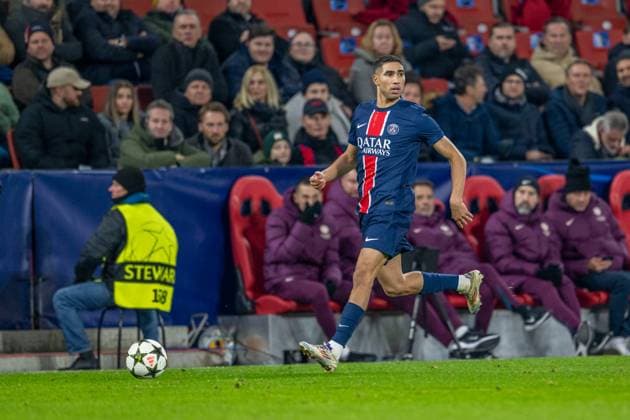 SOCCER - UEFA CL, RBS vs PSG SALZBURG,AUSTRIA,10.DEC.24 - SOCCER - UEFA Champions League, Red Bull Salzburg vs Paris Saint German. Image shows Achraf Hakimi (PSG).  GEPAxpictures xWolfgangxKofler