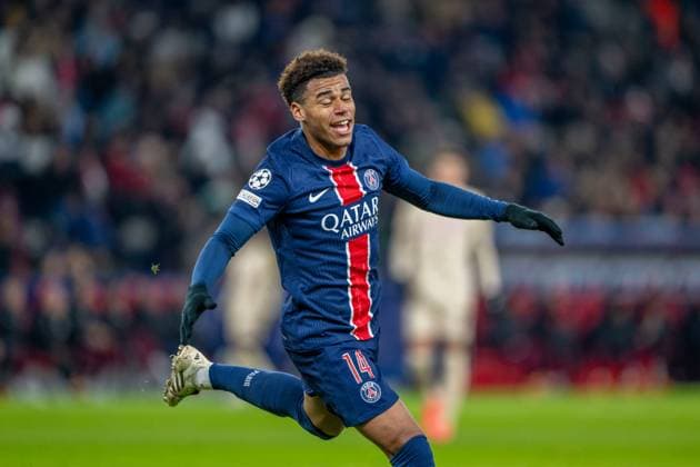 SOCCER - UEFA CL, RBS vs PSG SALZBURG,AUSTRIA,10.DEC.24 - SOCCER - UEFA Champions League, Red Bull Salzburg vs Paris Saint German. Image shows the rejoicing of Desire Doue (PSG).  GEPAxpictures xWolfgangxKofler