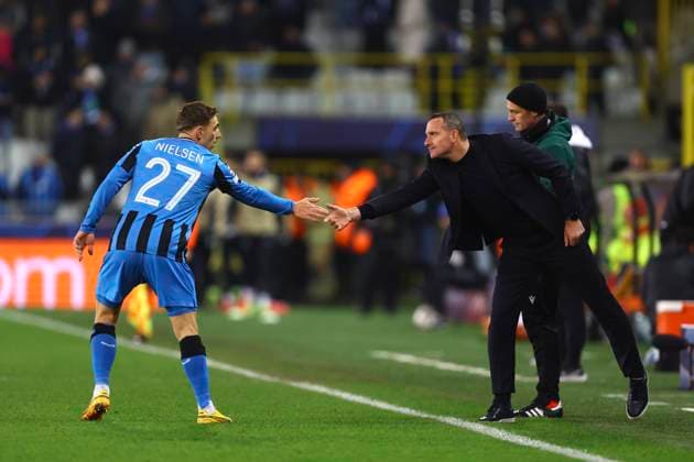 Club Brugge v Sporting CP - UEFA Champions League BRUGGE, BELGIUM - DECEMBER 10 : Nielsen Casper midfielder of Club Brugge and Hayen Nicky head coach of Club Brugge during the UEFA Champions League 2024 25 League Phase MD6 match between Club Brugge and Sporting CP on December 10, 2024 in Brugge, Belgium, 10 12 2024 Brugge Belgium  Copyright: xTomasxSiskx