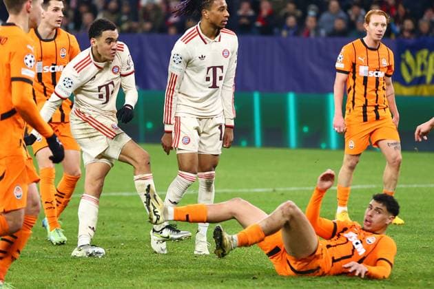 Goal for 1 4 by Jamal Musiala 42 FC Bayern Muenchen FC Shakhtar Donetsk vs FC Bayern Muenchen, Football, UEFA Champions League, Matchday 6, 10 12 2024 Photo kolbert press Ant Palmer Arena AufSchalke NRW Germany Copyright: xkolbert-press AntxPalmerx