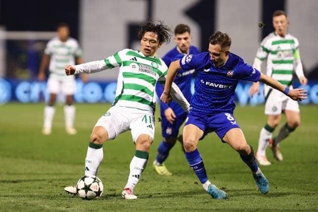 Zagreb, 10.12.2024. - Maksimir Stadium, UEFA CHAMPIONS LEAGUE - 2024 25, League phase, Matchday 6, GNK Dinamo - Celtic. Reo Hatate (41) and Lukas KaÄavenda (8) 