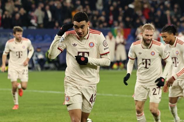 The players of FC Bayern Munich celebrate the goal to 1 4 by Jamal Musiala FC Bayern Munich during the match of the Champions League season 2024 25 Shakhtar Donetsk FC Bayern Munich Copyright Thomas Pakusch Copyright: Thomas Pakusch