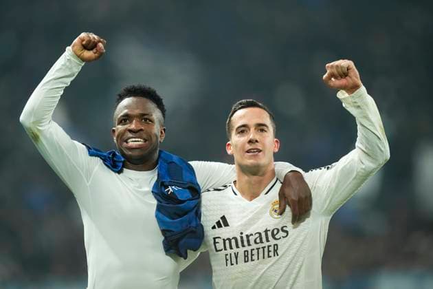 Atalanta BC v Real Madrid C.F. - UEFA Champions League 2024 25 League Phase MD6 Vinicius Junior left winger of Real Madrid and Brazil and Lucas Vazquez right winger of Real Madrid and Spain celebrates victory after the UEFA Champions League 2024 25 League Phase MD6 match between Atalanta BC and Real Madrid C.F. at Stadio di Bergamo on December 10, 2024 in Bergamo, Italy. Bergamo Italy  Copyright: xJosexBretonx originalFilename:bretonhernandez-atalanta241210_nproI.jpg