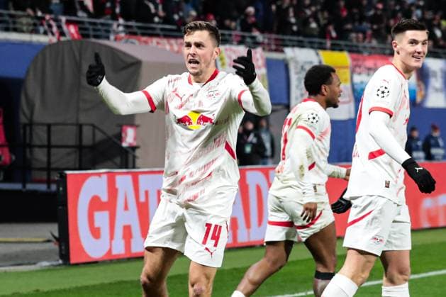 Goal celebration goal scorer Christoph Baumgartner RB Leipzig,14 scores to 2 2 Champions League league phase season 2024 2025 RB Leipzig vs Aston Villa at the Red Bull Arena in Leipzig action,football,Germany,man,men,10 12 2024