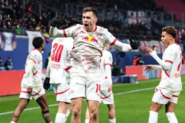 Goal celebration goal scorer Christoph Baumgartner RB Leipzig,14 scores to 2 2 Champions League league phase season 2024 2025 RB Leipzig vs Aston Villa at the Red Bull Arena in Leipzig action,football,Germany,man,men,10 12 2024