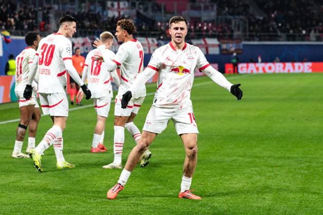 Goal celebration goal scorer Christoph Baumgartner RB Leipzig,14 scores to 2 2 Champions League league phase season 2024 2025 RB Leipzig vs Aston Villa at the Red Bull Arena in Leipzig action,football,Germany,man,men,10 12 2024