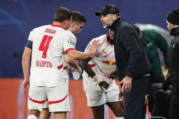 Coach Marco Rose RB Leipzig with Willi Orban RB Leipzig,4 Champions League league phase season 2024 2025 RB Leipzig vs Aston Villa at the Red Bull Arena in Leipzig action,football,Germany,man,men,10 12 2024