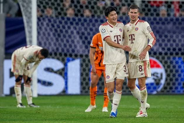 10 12 2024, Football, UEFA Champions League, Shakhtar Donetsk FC Bayern Munich, Arena AufSchalke Gelsenkirchen, Matchday 8 Season 2024 2025 Min jae Kim Bayern 3 and Leon Goretzka Bayern 8 are happily embracing each other DFB regulations prohibit any use of photographs as image sequences and or quasi video North Rhine-Westphalia Germany