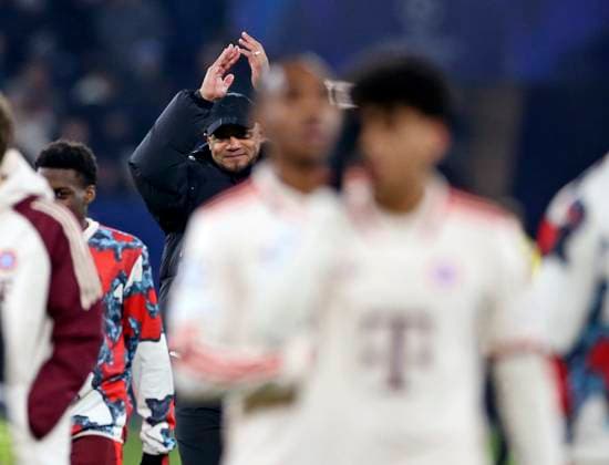 10 12 2024, Football UEFA Champions League 2024 2025, Matchday 6, Shakhtar Donetsk FC Bayern Munich, in the Veltins Arena Gelsenkirchen Final cheer Coach Vincent Kompany FC Bayern Munich DFL and DFB regulations prohibit any use of photographs as image sequences and or quasi video