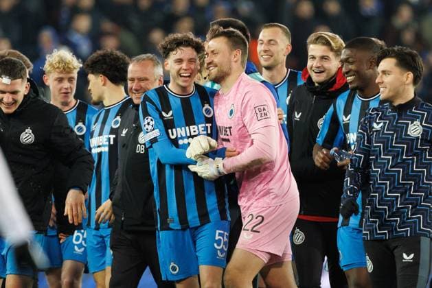 Club s players celebrate after winning a soccer game between Belgian Club Brugge KV and Portuguese club Sporting CP, Tuesday 10 December 2024 in Brugge, on the sixth day of the UEFA Champions League league phase. KURTxDESPLENTER  x107902623x